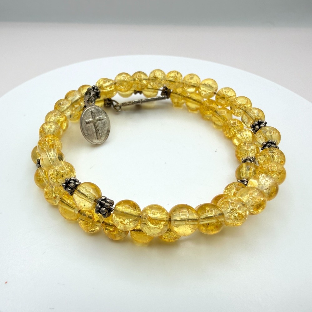 Vintage Yellow Beaded Wrap Bracelet with Citrine Cross Charm - Boho Style